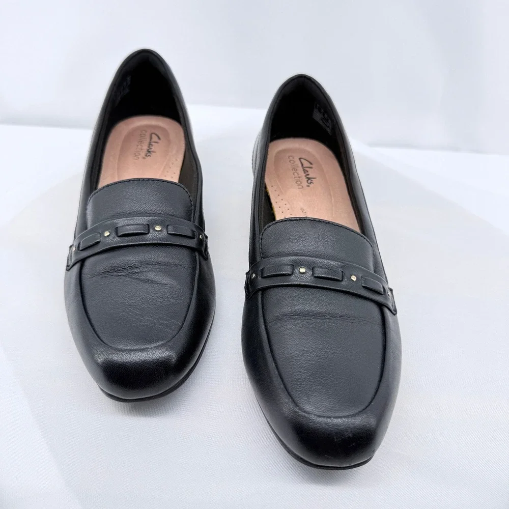 Clarks Collection Loafers Womens 8.5 Black Leather Square Toe Block Heel Classic